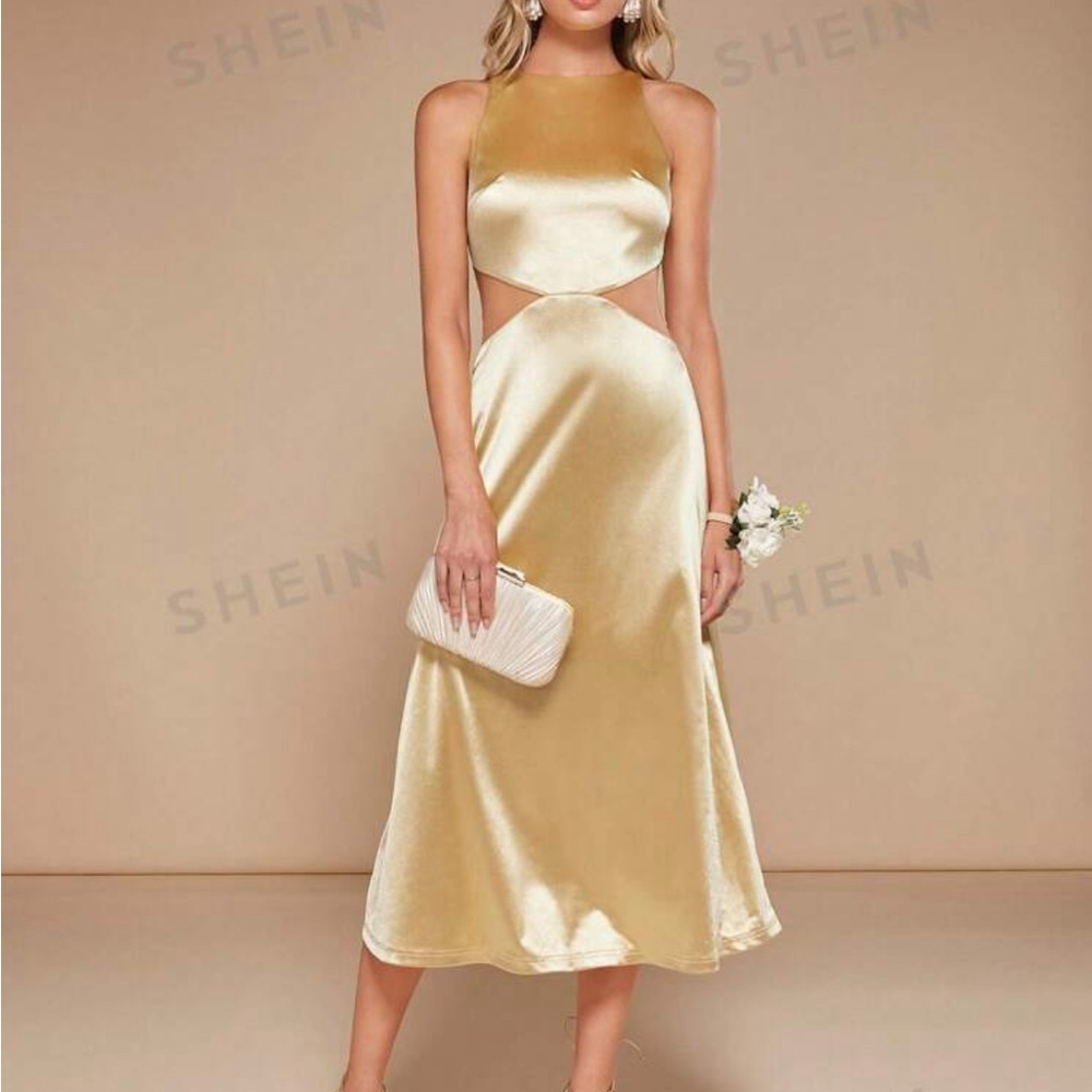 SHEIN Gold Halter Sheath Midi Dress